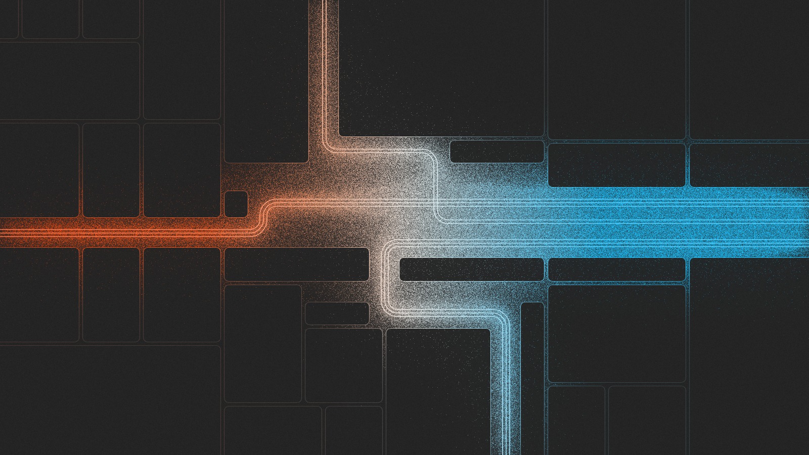 Dark blocks with fine outlines, the systems, fitted together like a plan. Bundles of fine lines arrive through the channels between them from the left, the top and the bottom, and leave together to the right, glowing orange to blue.